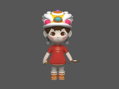 Woman in Traditional Red Outfit with Colorful Decorative Hat and Holding Stick 3d model