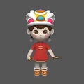 Woman in Traditional Red Outfit with Colorful Decorative Hat and Holding Stick