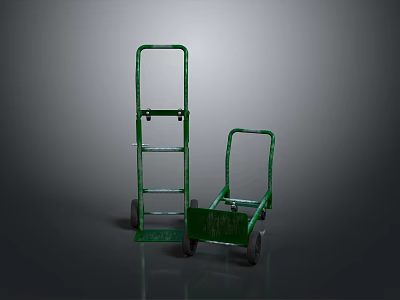 Industrial Style Trolley Trolley Metal Trolley Green Trolley Two Wheel Trolley Trapezoidal Handrail Rectangular Plate Grey Scene Industrial Equipment 3d model