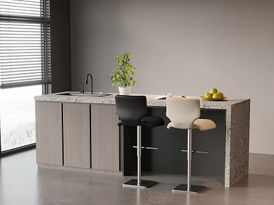 Modern Kitchen Island With Sink Faucet Green Plant Fruits And Bar Stools 3d model