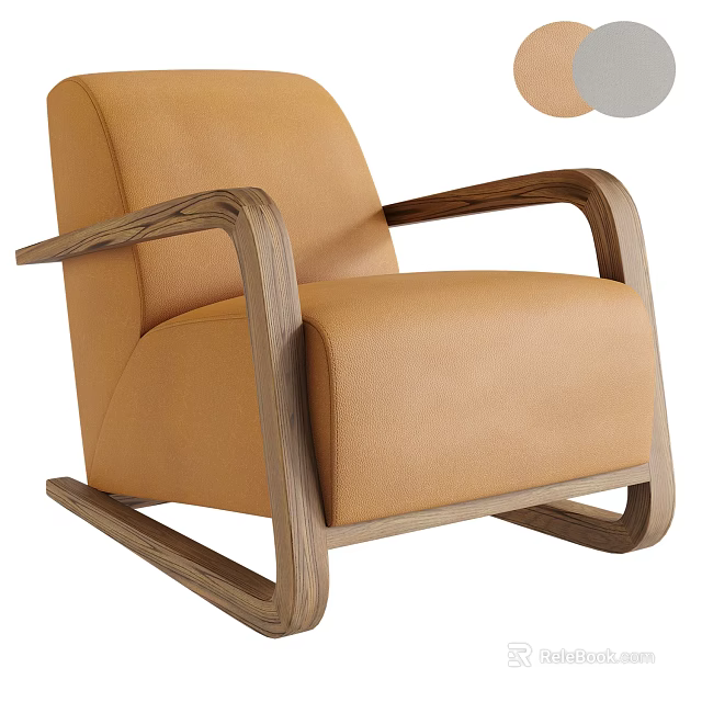 Modern Tan Leather Upholstered Armchair With Curved Solid Wood Frame For Cozy Home Lounge Space 3d model 