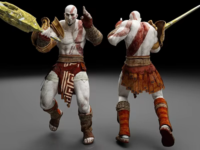 Man in ancient warrior outfit with red white tattoos holding weapon in battle stance 3d model