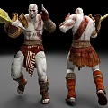 Man in ancient warrior outfit with red white tattoos holding weapon in battle stance