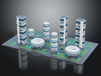 Modern Urban Architecture Model Featuring High Rise Buildings Circular Structures and Green Blue Spaces 3d model