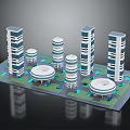 Modern Urban Architecture Model Featuring High Rise Buildings Circular Structures and Green Blue Spaces
