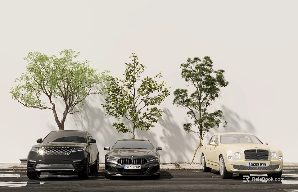 Three Luxury Cars Parked Near Trees On Street 3d model 