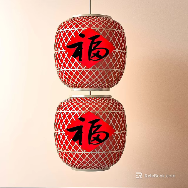 Two Traditional Red Lanterns Featuring Fortune Characters And Lattice Design 3d model 