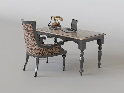 Vintage Wooden Desk With Patterned Chair Laptop And Retro Telephone 3d model