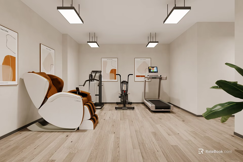 Modern Fitness Studio Interior With Workout Equipment And Relaxation Chair 3d model 