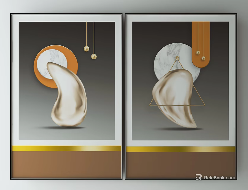 Modern Abstract Wall Art With Gold Stripe And Marble Elements Hanging Ornaments 3d model 