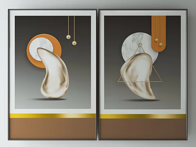 Modern Abstract Wall Art With Gold Stripe And Marble Elements Hanging Ornaments 3d model
