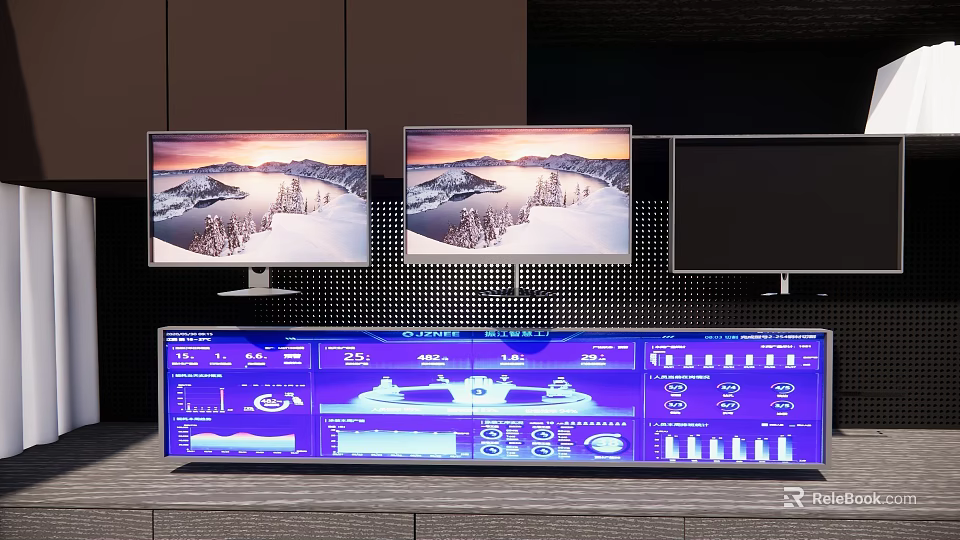 Multiple TVs Display Scenic Views And Control Panel With Data Graphics 3d model 