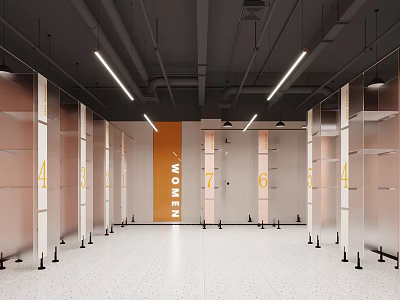 Modern Women Changing Room With Numbered Cubicles Metal Partitions Orange Panel And Ceiling Lights 3d model