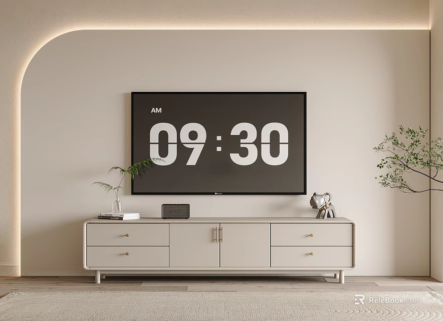 Modern TV Stand With Sleek Design Drawers Cabinets Plants And LED Strip Lighting 3d model 