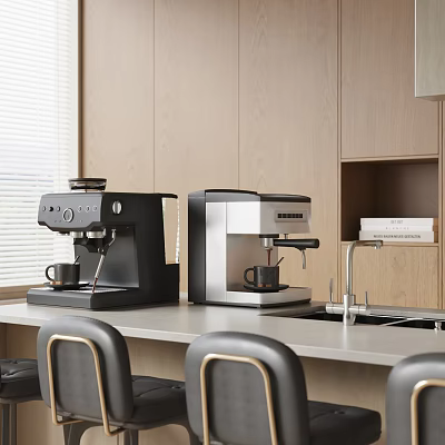 Modern Kitchen Interior With Black And Silver Coffee Makers On Countertop And Cabinets 3d model