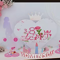 Women's Day Decorative Setup With Heart Shaped Crown Rose Cosmetic Models And Pink Balloons