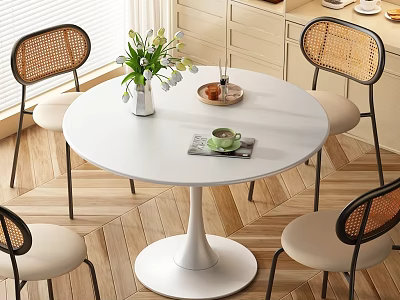 Elegant Round Dining Table Set with Rattan Back Chairs White Tabletop and Floral Vase on Wooden Floor 3d model