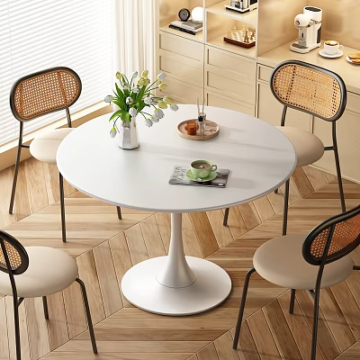 Elegant Round Dining Table Set with Rattan Back Chairs White Tabletop and Floral Vase on Wooden Floor 3d model