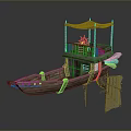 Vintage Wooden Boat Design Featuring Green Accents Canopied Upper Deck And Paddle Wheel