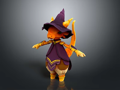 Cute Fantasy Orange Creature Wearing Purple Wizard Hat Robe And Yellow Horns Tail 3d model