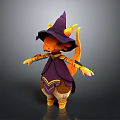 Cute Fantasy Orange Creature Wearing Purple Wizard Hat Robe And Yellow Horns Tail