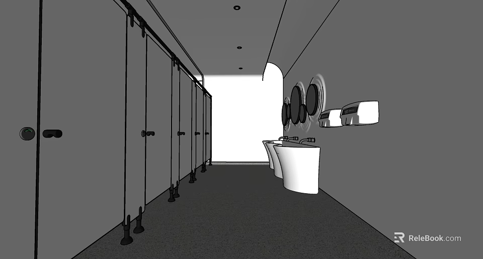 Hotel Bathroom Interior With Multiple Stalls Sinks Mirrors and Modern Layout 3d model