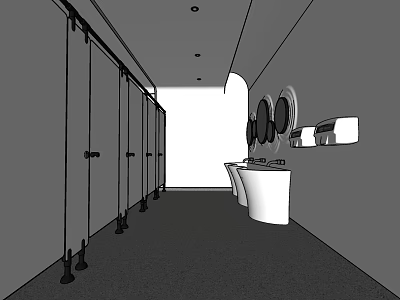 Hotel Bathroom Interior With Multiple Stalls Sinks Mirrors and Modern Layout 3d model