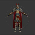 Mythical Warrior Character With Ornate Golden Blue Armor And Red Decorative Cape