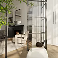 Bright Cozy Living Room With Marble Fireplace Built In Shelves And Large French Window