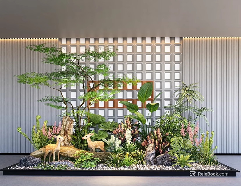 Decorative Indoor Landscape With Various Green Plants Deer Figurines Stones And Grid Wall 3d model 