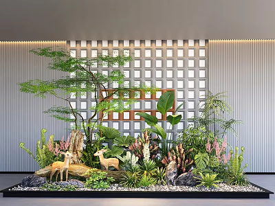 Decorative Indoor Landscape With Various Green Plants Deer Figurines Stones And Grid Wall 3d model
