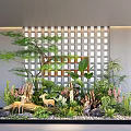 Decorative Indoor Landscape With Various Green Plants Deer Figurines Stones And Grid Wall