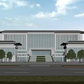 Modern School Building With Glass Curtain Walls Symmetrical Design Front Road Greenery And Cloudy Sky