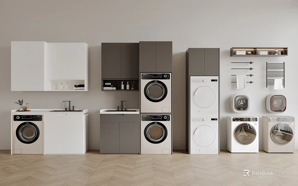 Elegant Modern Laundry Room Interior With Stackable Washing Machines And Storage Cabinets 3d model