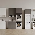 Elegant Modern Laundry Room Interior With Stackable Washing Machines And Storage Cabinets 3d model