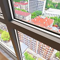 Modern Casement Windows In Room With City Skyline Green Trees And Sunlight