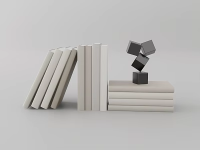 Minimalist White Books Display With Leaning Standing And Stacked Books And Black Cubes 3d model
