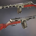Vintage Submachine Guns With Wooden Stocks Metal Components And Drum Magazines