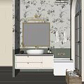 Elegant Bathroom Vanity With Floral Wallpaper Mirror Lighting White Countertop Bathtub And Green Plant