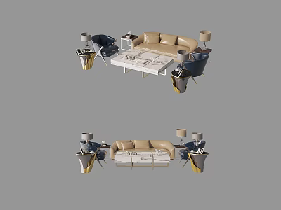 Modern Sofa And Coffee Table Set With Beige Upholstery Blue Accents And Side Table Lamps 3d model