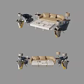 Modern Sofa And Coffee Table Set With Beige Upholstery Blue Accents And Side Table Lamps