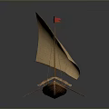 Ancient Wooden Boat Model With White Sail Red Flags And Oars