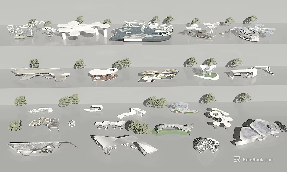 Modern Pergola Design Models Featuring Various Geometric Shapes Curved Structures And Plants 3d model