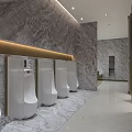Modern Elegant Public Restroom With Marble Decor Double Mirrors Washbasins And Private Cubicles