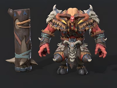 Reptilian Fantasy Creature With Horns Fur Armor And Wooden Pillar Design 3d model