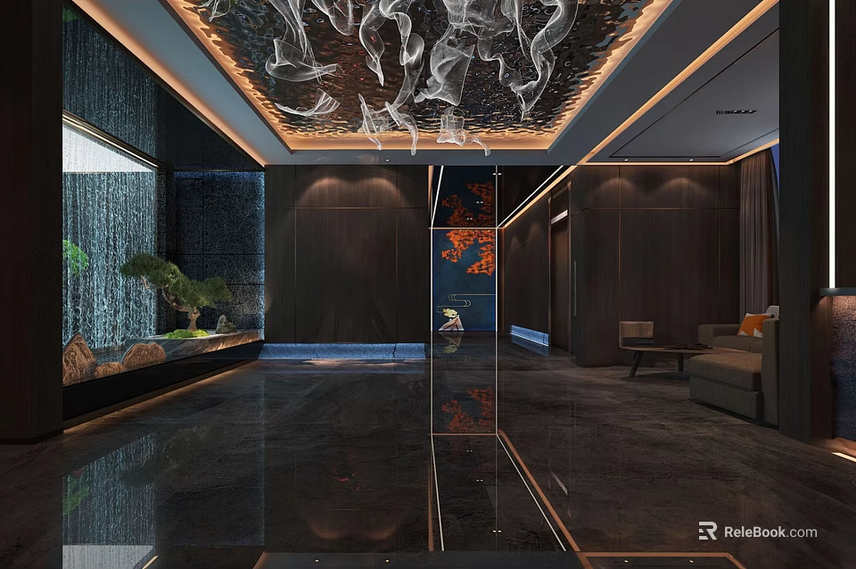 Luxurious SPA Sauna Interior With Relaxing Atmosphere Waterfall Feature Modern Design And Comfortable Seating 3d model 