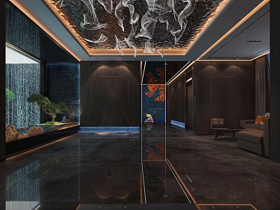 Luxurious SPA Sauna Interior With Relaxing Atmosphere Waterfall Feature Modern Design And Comfortable Seating 3d model