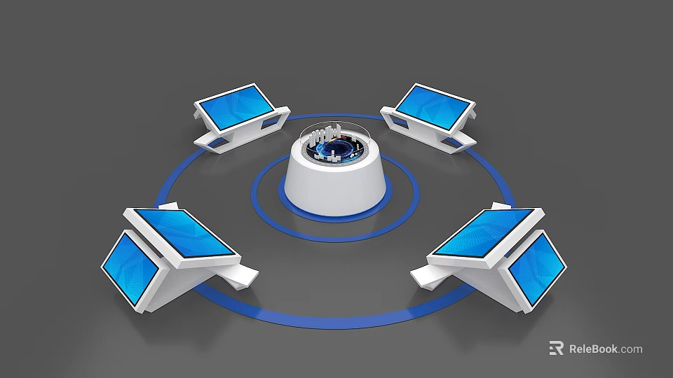Modern Tech Island Cabinet With Blue Screen Devices And Circular Blue Lines 3d model