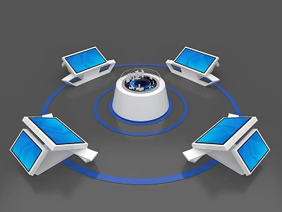 Modern Tech Island Cabinet With Blue Screen Devices And Circular Blue Lines 3d model