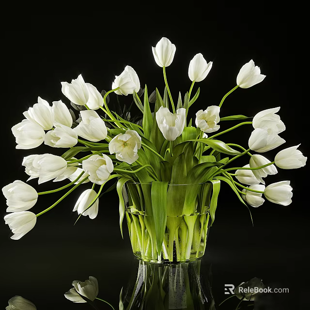 Elegant Transparent Glass Vase with Fresh White Tulips Against Black Background 3d model 